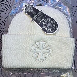 Chrome Hearts Ivory Knit Beanie with Cross Patch